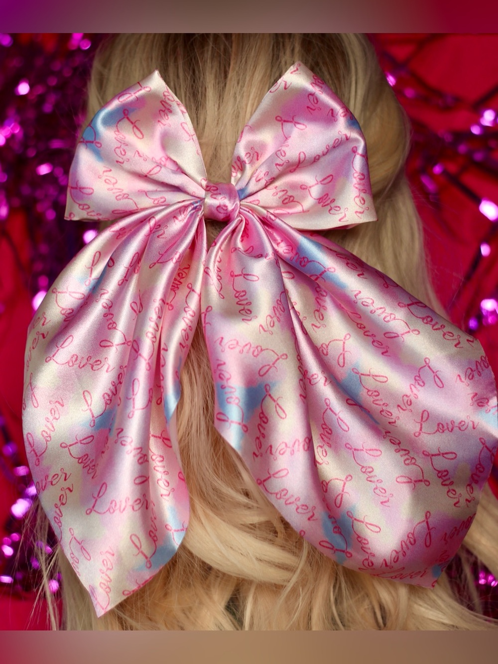 TAYLOR SWIFT Lover album Large Satin Hair Bow in pastel pink dreamy pattern
